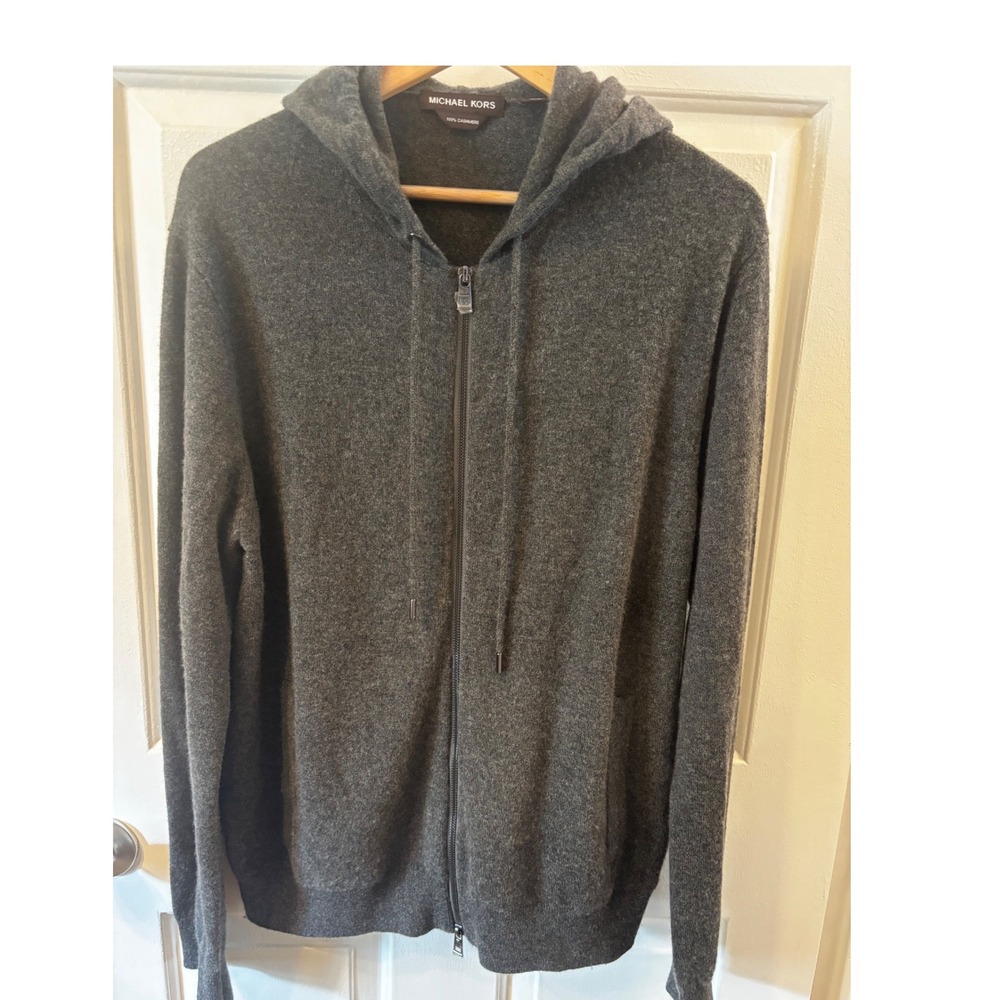NWOT Michael Kors 100% Cashmere Full Zip Hoodie Sweater Charcoal Gray Womens Lg.